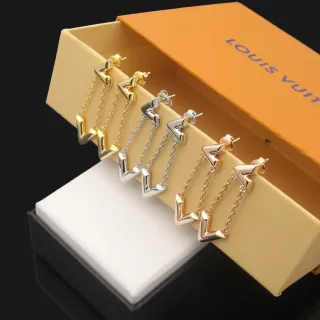 Louis Vuitton V-Motif Chain Dangle Gold Silver Geometric Earrings