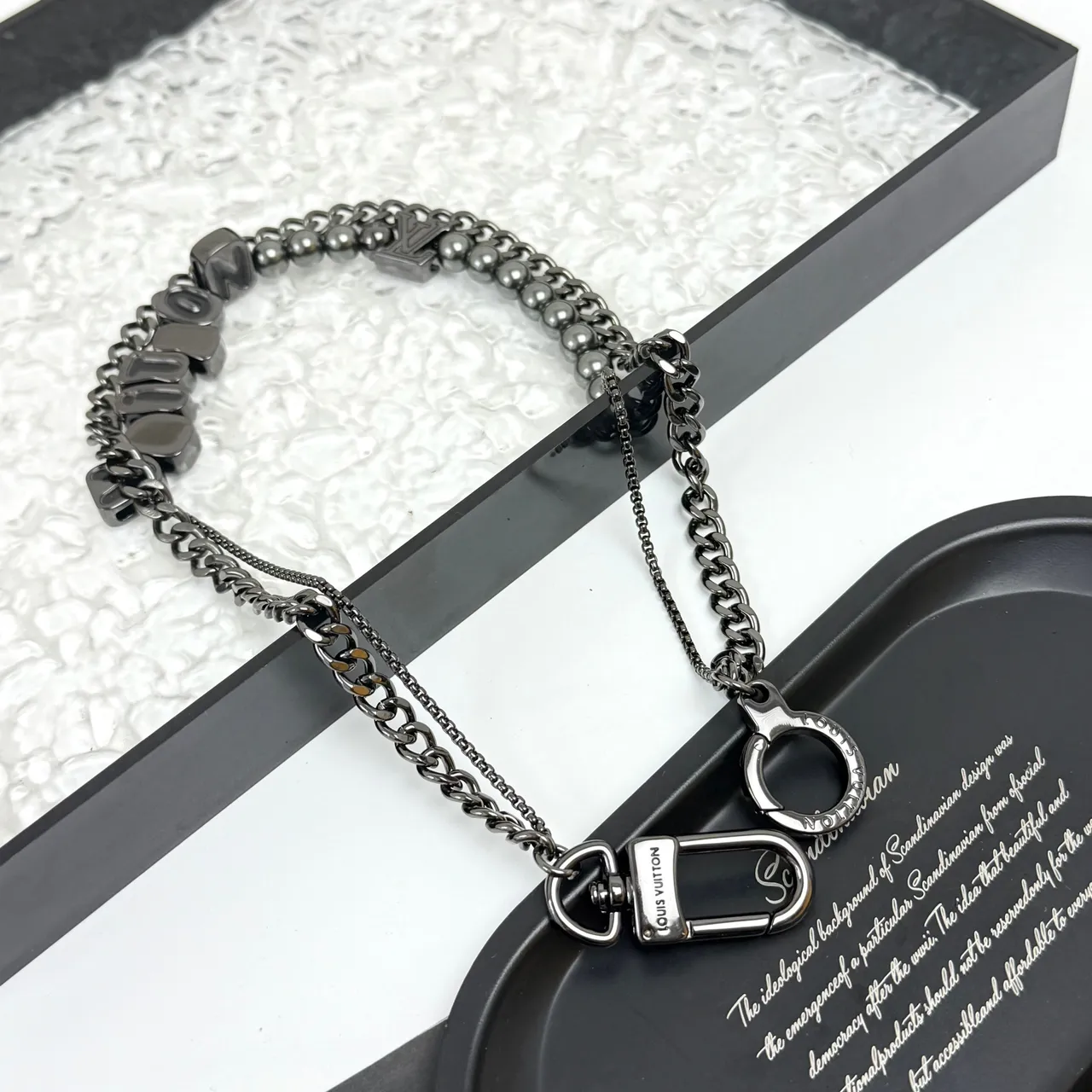 Louis Vuitton VUITTON Letter Bead and LV Monogram Black Metal Bracelets 4