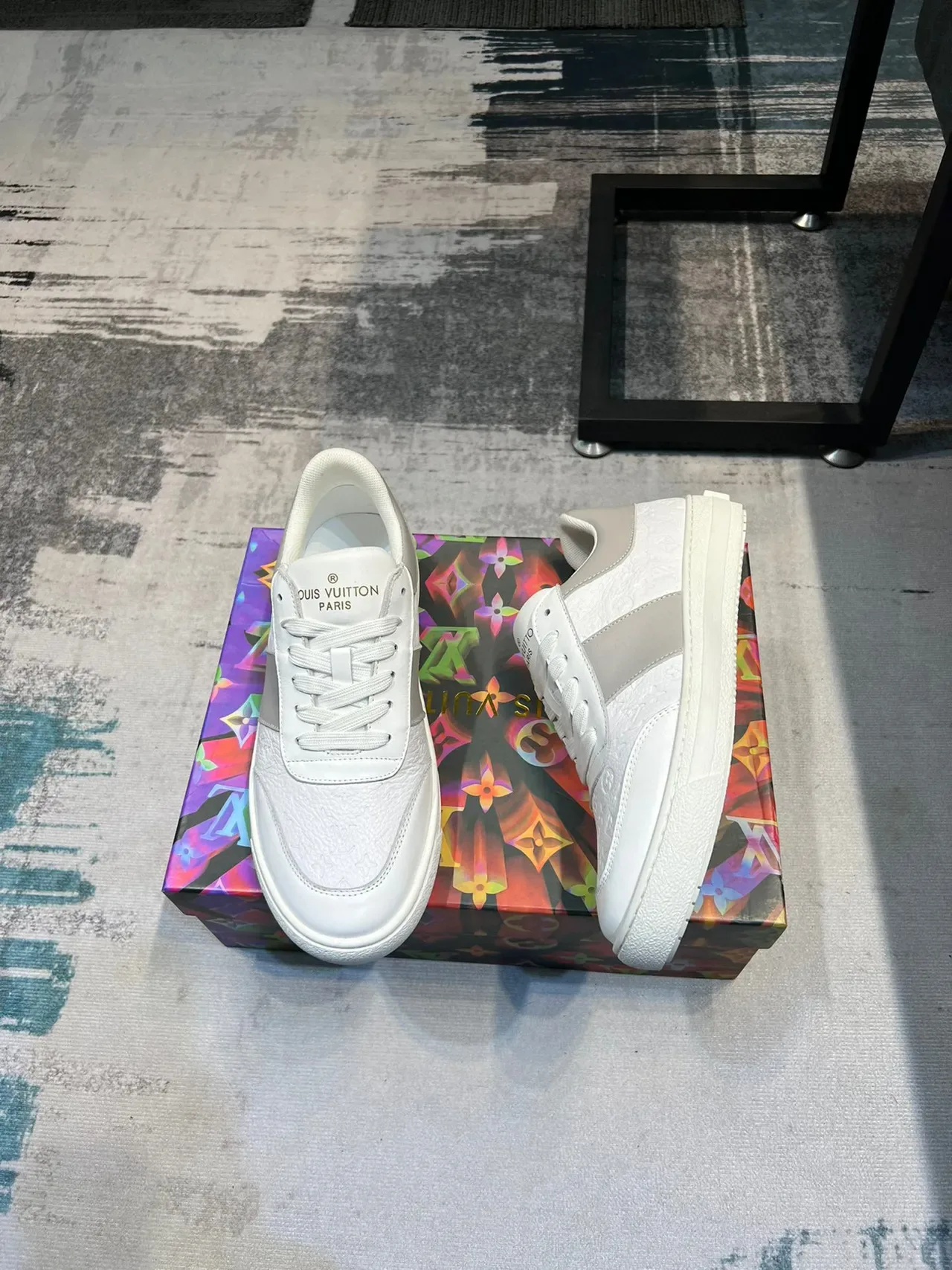 Louis Vuitton White Gray Monogram-Embossed Leather Panelled Low-Top Lifestyle Sneakers 4