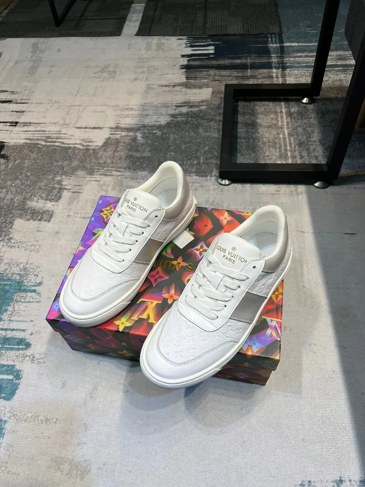 Louis Vuitton White Gray Monogram-Embossed Leather Panelled Low-Top Lifestyle Sneakers 5