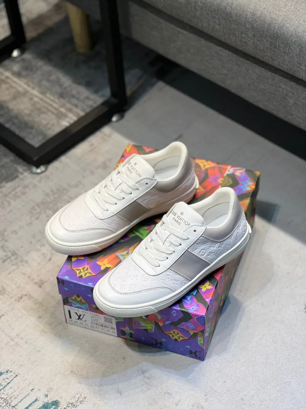 Louis Vuitton White Gray Monogram-Embossed Leather Panelled Low-Top Lifestyle Sneakers 6