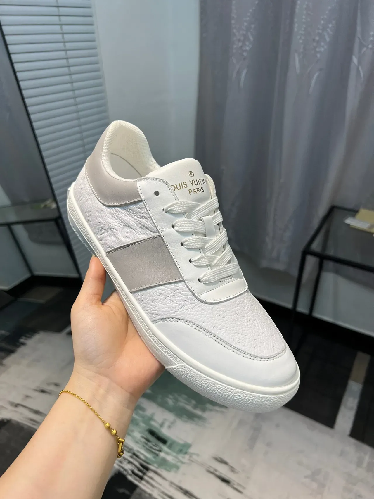 Louis Vuitton White Gray Monogram-Embossed Leather Panelled Low-Top Lifestyle Sneakers 7