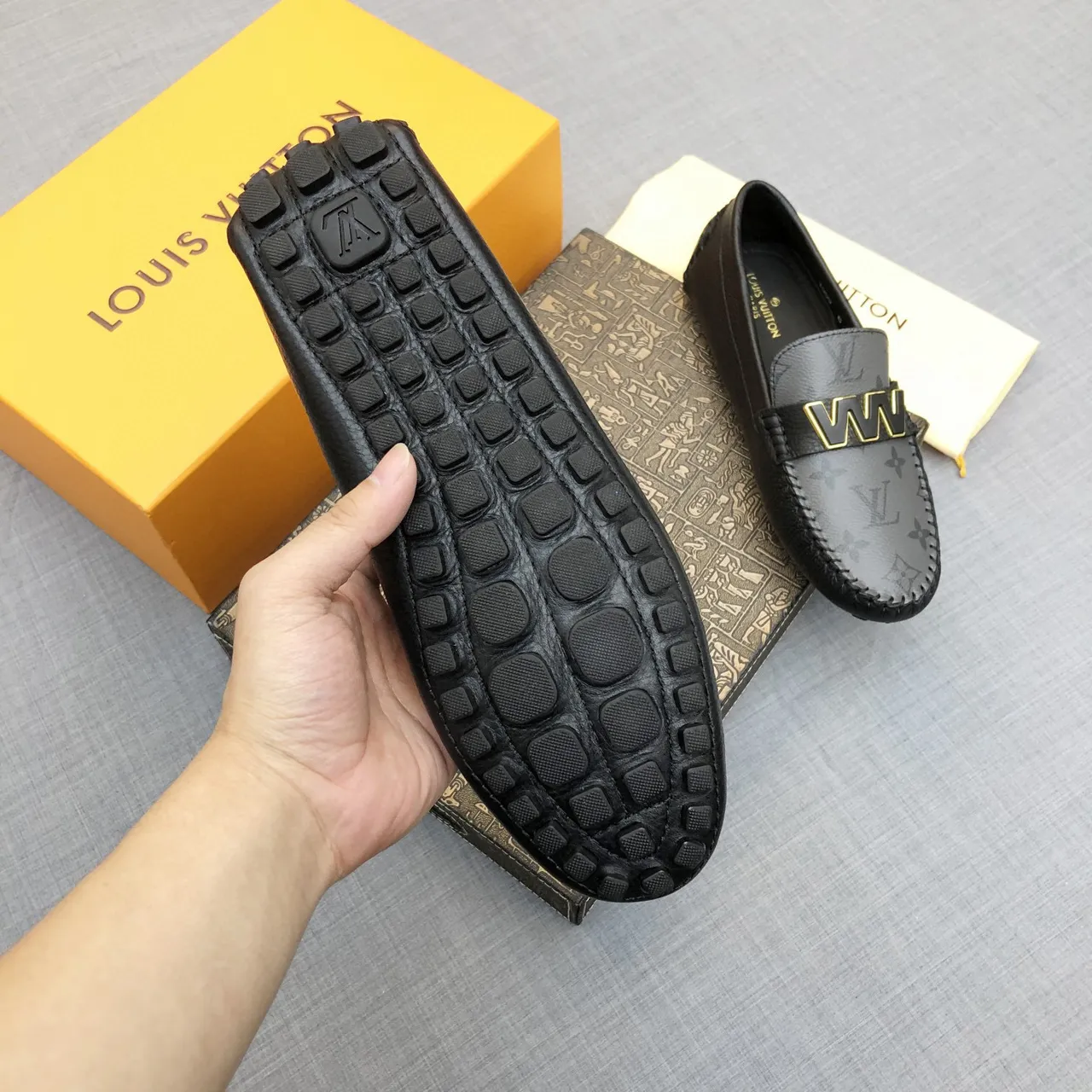Louis Vuitton WW Buckle Loafer Gray Black Monogram-Coated Leather Trim Loafer 8