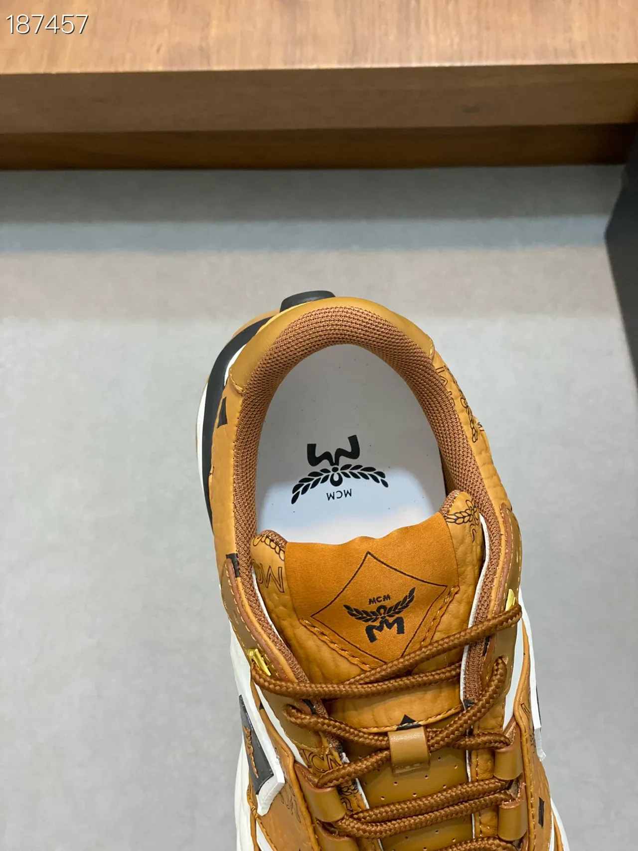 MCM Brown White Monogrammed Leather Upper Geometric Side Panel Lifestyle Sneakers 4
