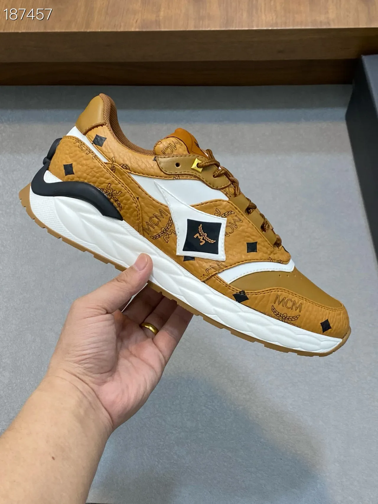 MCM Brown White Monogrammed Leather Upper Geometric Side Panel Lifestyle Sneakers 6