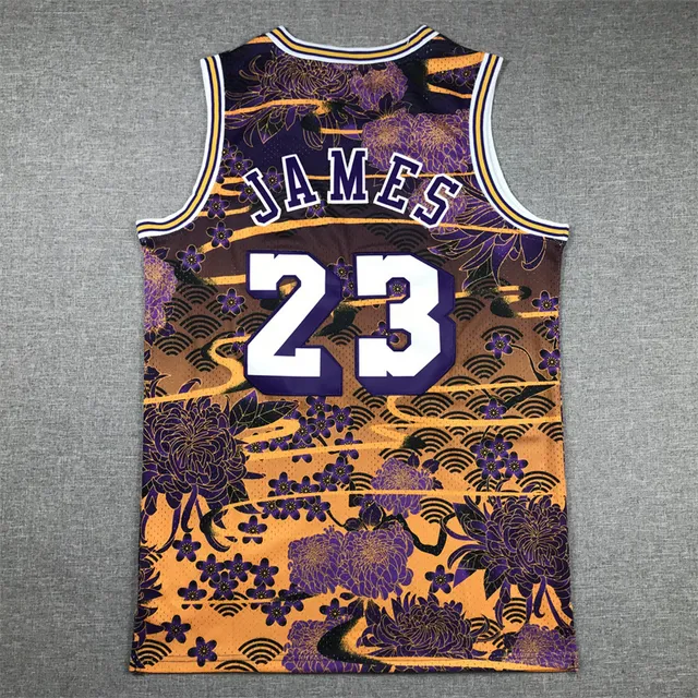Mitchell & Ness 2018–19 LeBron James Hardwood Classics Purple Orange Floral-and-Rabbit Motif Jersey 2