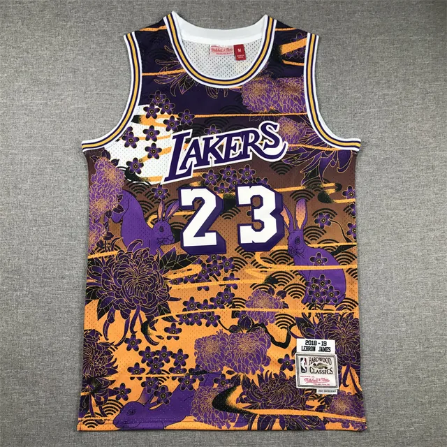 Mitchell & Ness 2018–19 LeBron James Hardwood Classics Purple Orange Floral-and-Rabbit Motif Jersey 3