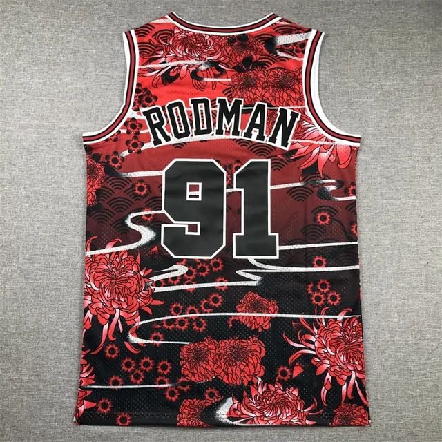 Mitchell & Ness Hardwood Classics 1997–98 Dennis Rodman Red Black Floral Rabbit Jersey 2