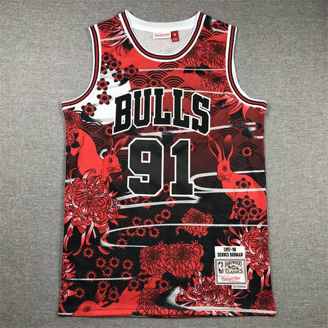 Mitchell & Ness Hardwood Classics 1997–98 Dennis Rodman Red Black Floral Rabbit Jersey 3