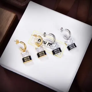 Miu Miu Logo Charm Hoop Gold Black Dangles Earrings