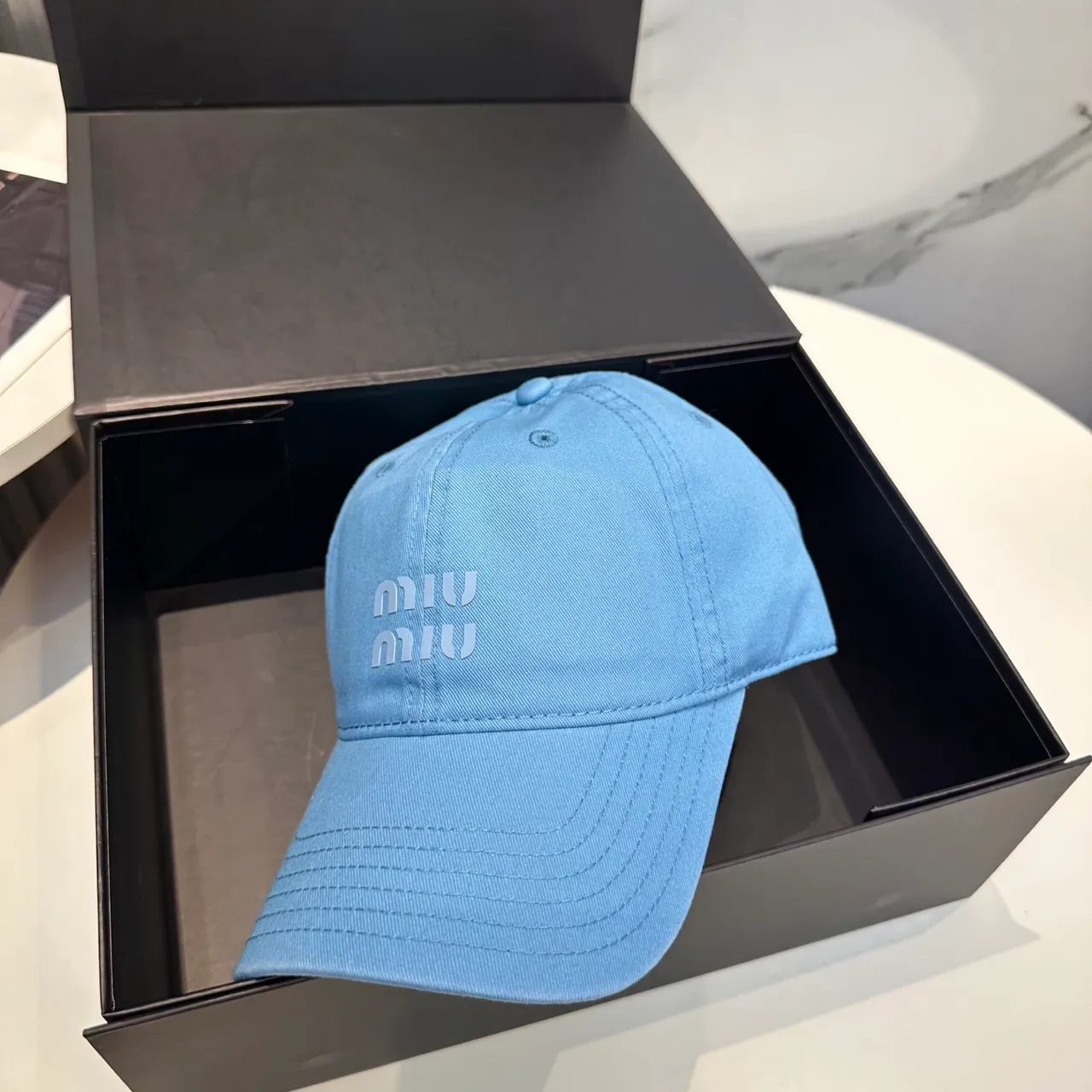 Miu Miu Logo Embroidered Cap Blue Tonal Six-Panel Construction Baseball Cap 3