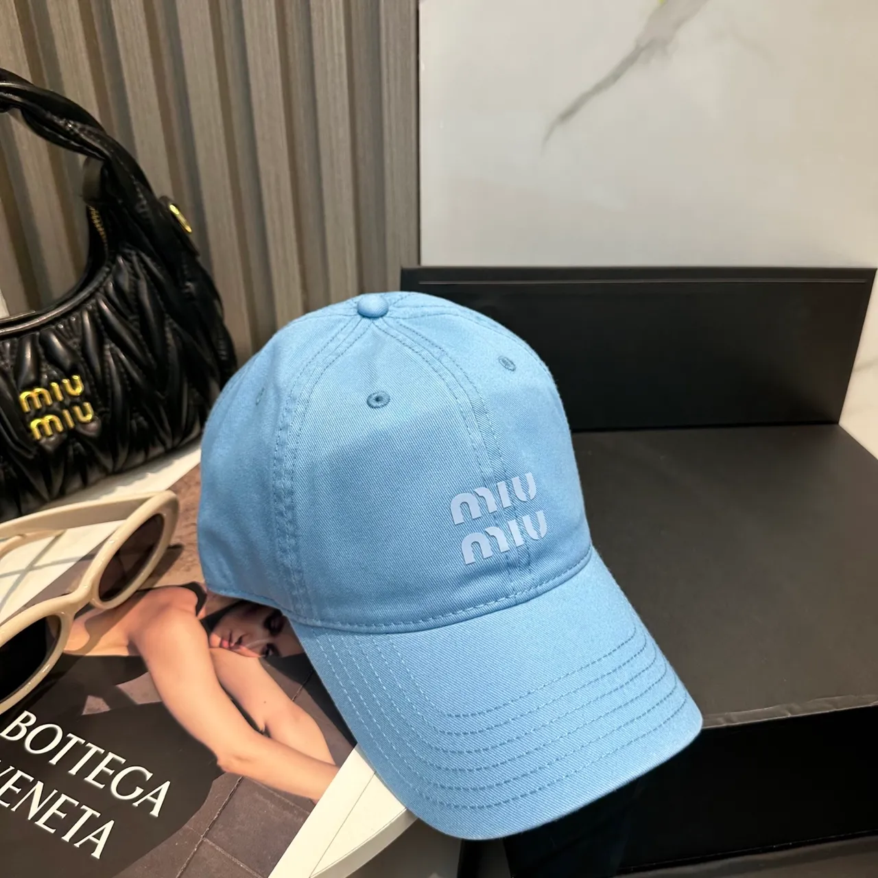 Miu Miu Logo Embroidered Cap Blue Tonal Six-Panel Construction Baseball Cap 4
