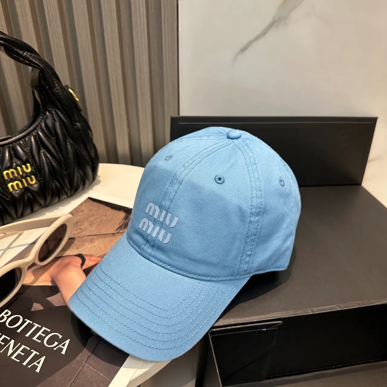 Miu Miu Logo Embroidered Cap Blue Tonal Six-Panel Construction Baseball Cap 5