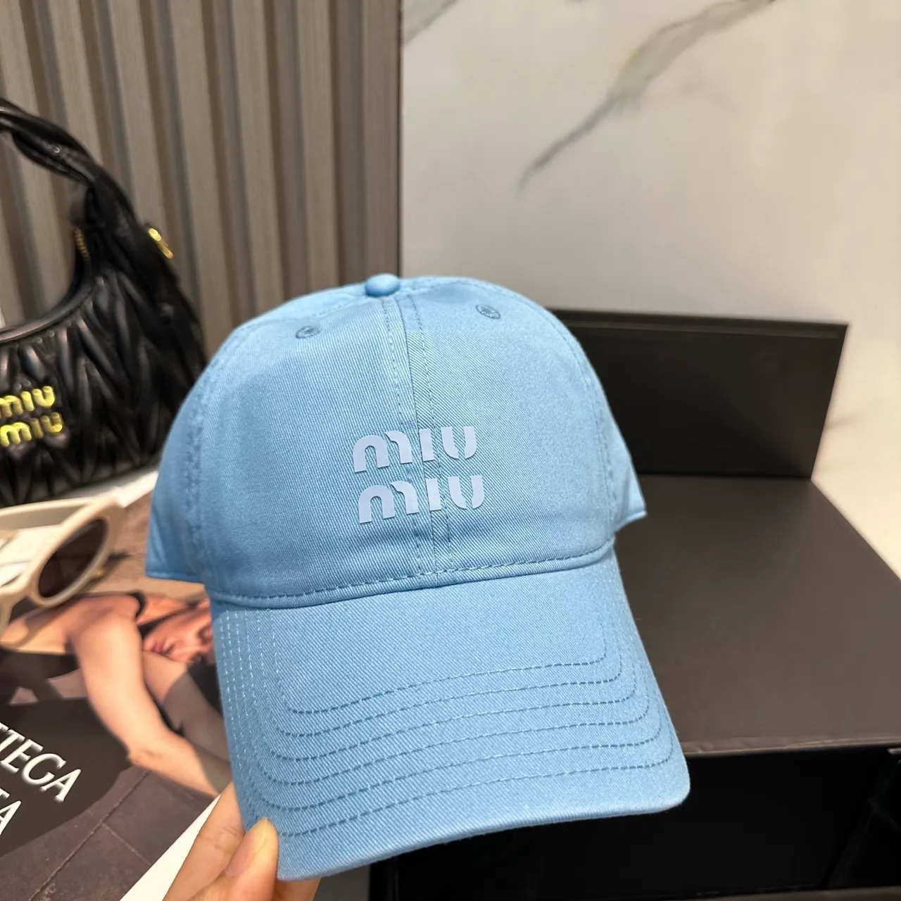 Miu Miu Logo Embroidered Cap Blue Tonal Six-Panel Construction Baseball Cap 6