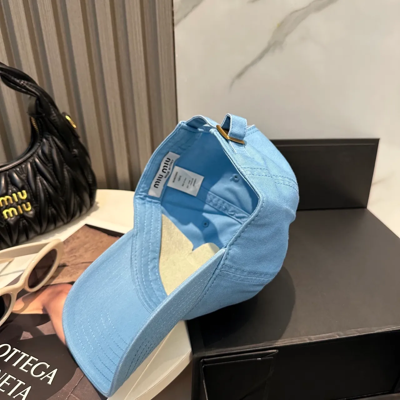 Miu Miu Logo Embroidered Cap Blue Tonal Six-Panel Construction Baseball Cap 7