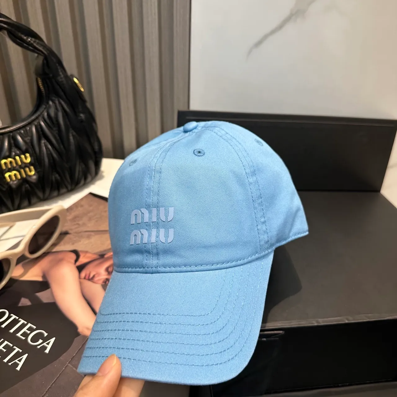 Miu Miu Logo Embroidered Cap Blue Tonal Six-Panel Construction Baseball Cap 9