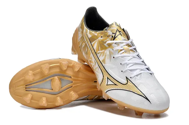 Mizuno Football Cleat White and Gold Leaf Pattern Firm-Ground Soccer Shoes 4