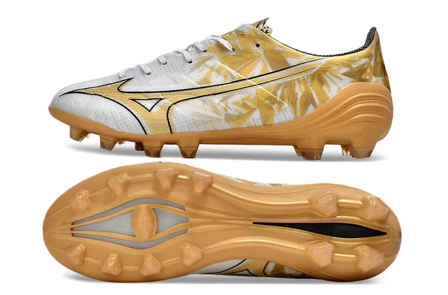 Mizuno Football Cleat White and Gold Leaf Pattern Firm-Ground Soccer Shoes 6