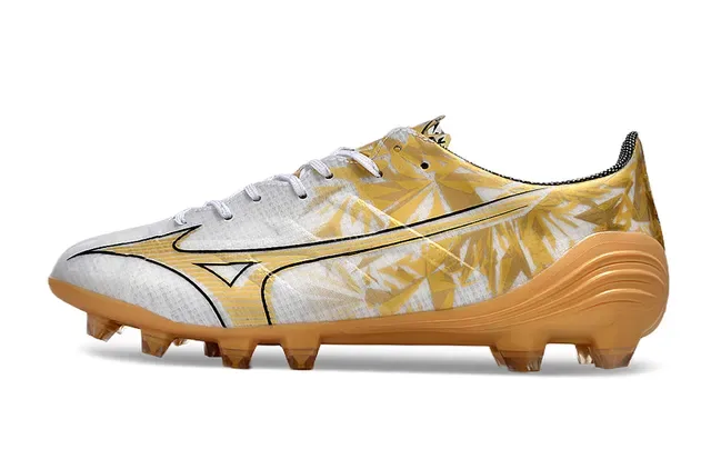 Mizuno Football Cleat White and Gold Leaf Pattern Firm-Ground Soccer Shoes 7