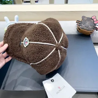 Moncler Brown White Plush Sherpa Exterior Contrast Topstitching Hat