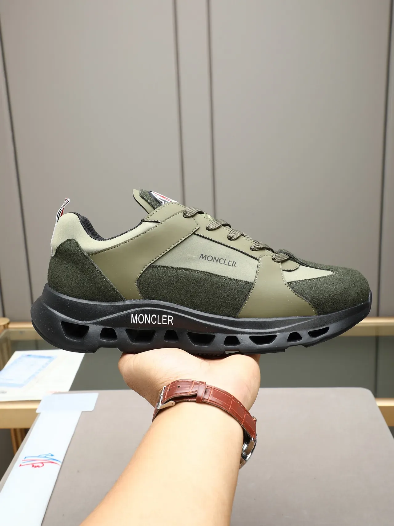 Moncler Olive Green and Dark Green Colorblock Lifestyle Sneaker 1