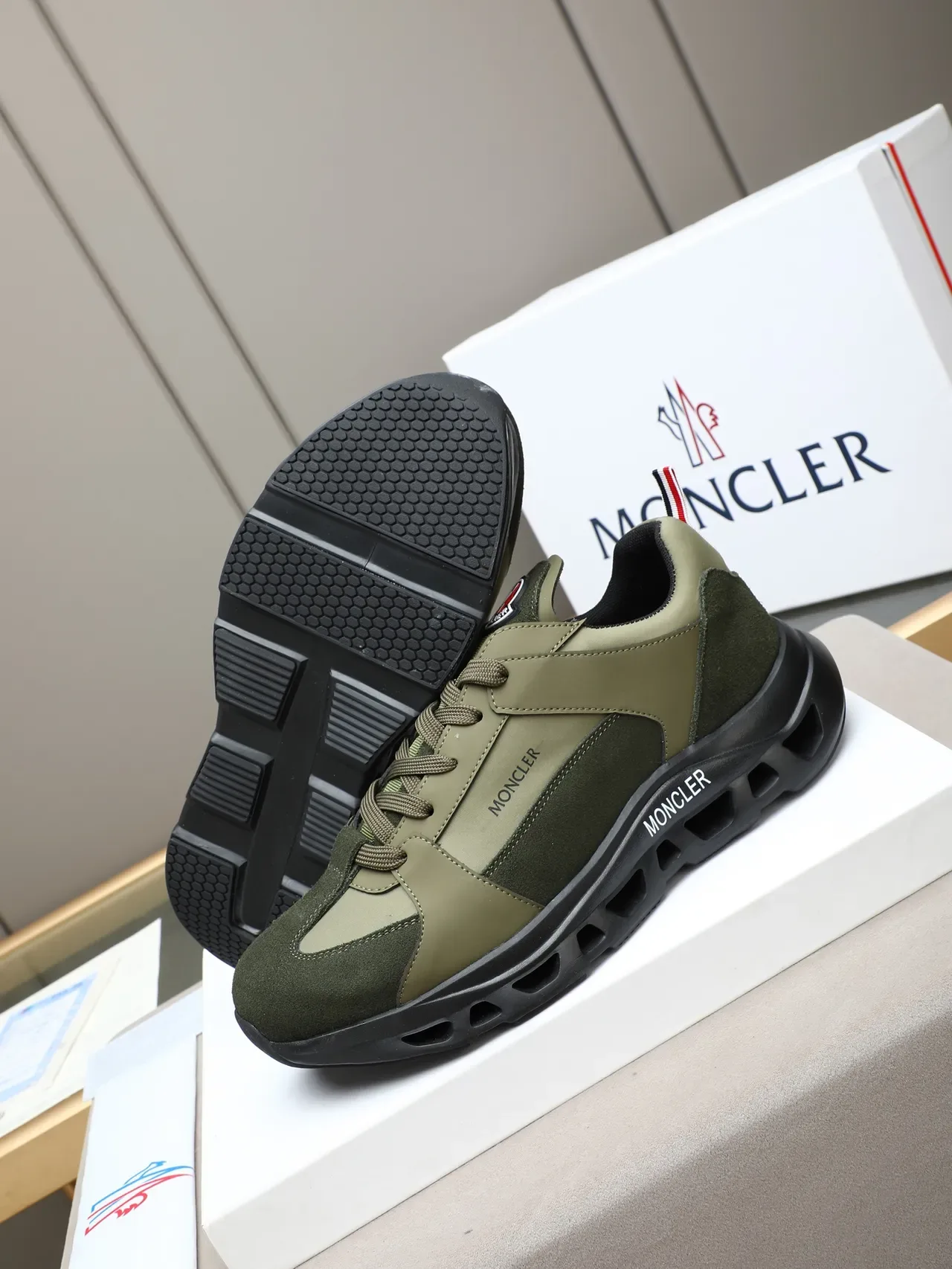Moncler Olive Green and Dark Green Colorblock Lifestyle Sneaker 4