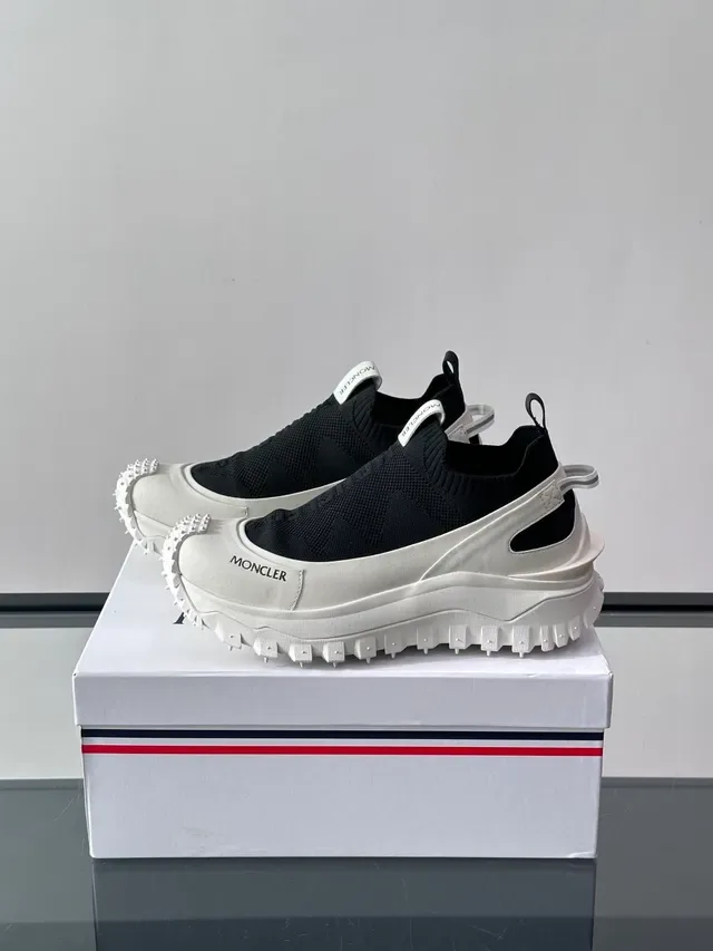 Moncler White Black Slip-On Knit Upper Sculpted Ridged Sole Chunky Sneakers 5