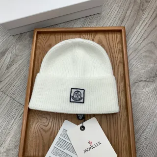 Moncler White Navy Ribbed Knit Folded Cuff Beanie