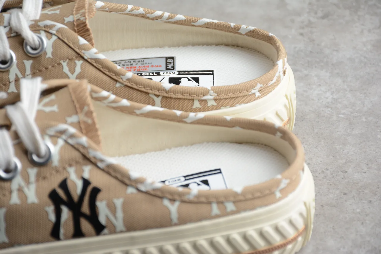 New Era Beige White Monogram-Print Slip-On Mule Silhouette Canvas Shoes 5