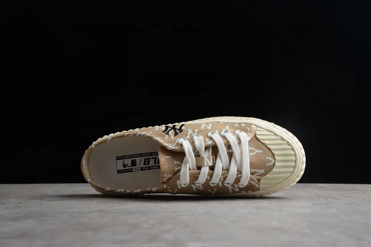 New Era Beige White Monogram-Print Slip-On Mule Silhouette Canvas Shoes 10