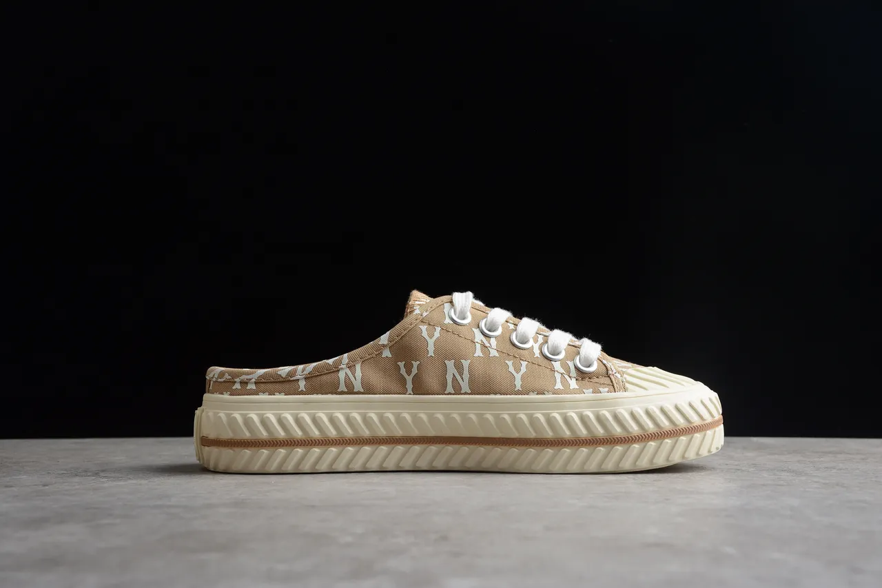 New Era Beige White Monogram-Print Slip-On Mule Silhouette Canvas Shoes 11