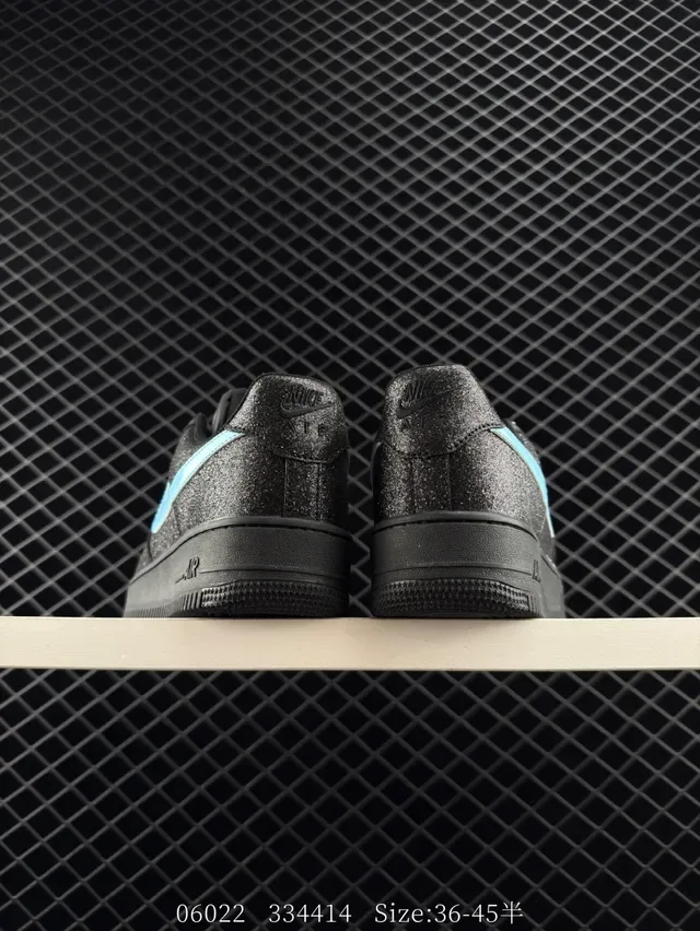 Nike Air Force 1 Low Black Glitter Upper Light Blue Swoosh Lifestyle Sneakers 7