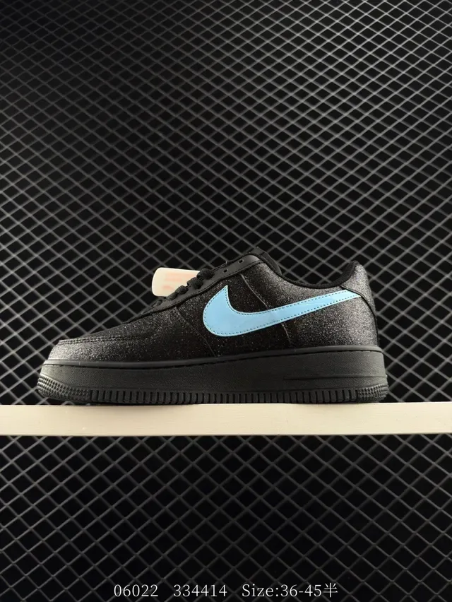 Nike Air Force 1 Low Black Glitter Upper Light Blue Swoosh Lifestyle Sneakers 9