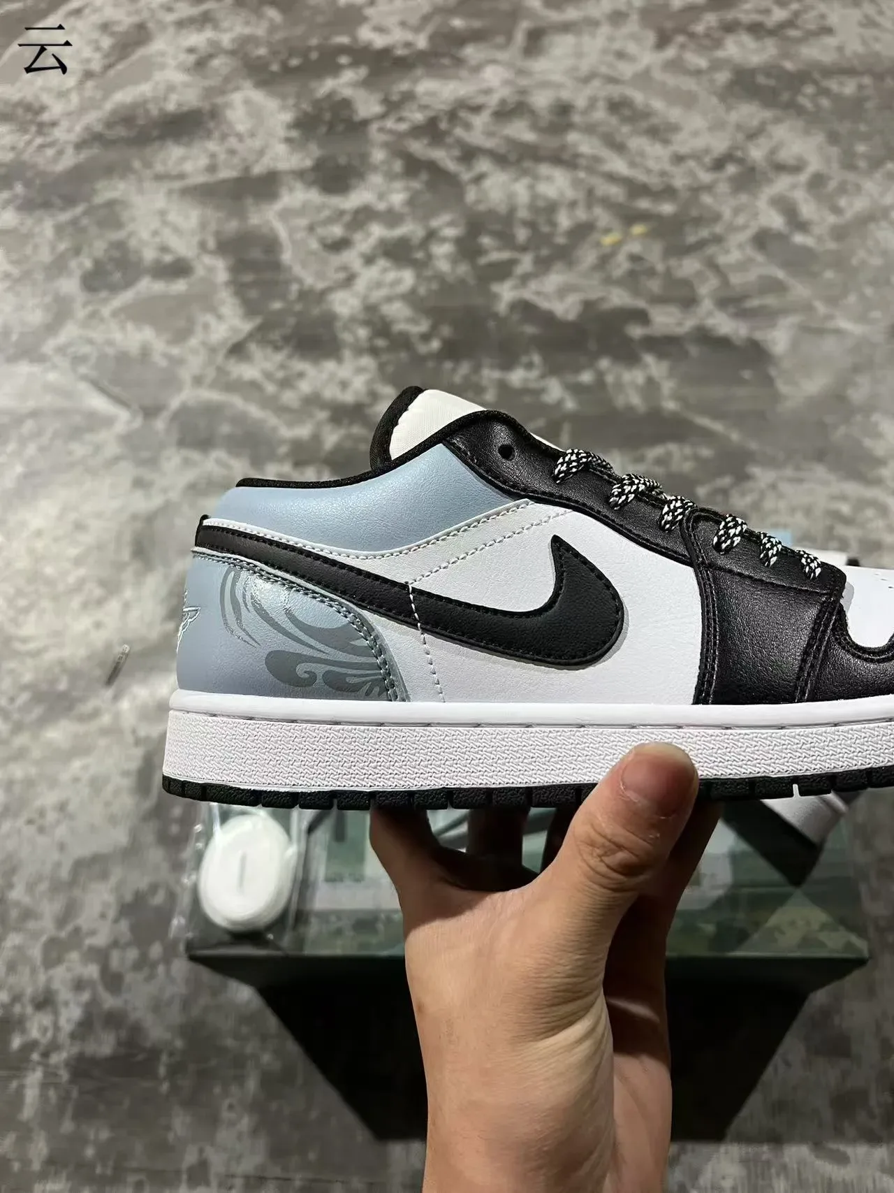 Nike Air Jordan 1 Low White Black Light Gray Wave Lifestyle Sneakers 7