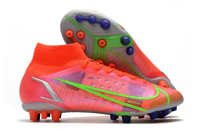 Nike Zapatillas de fútbol azul naranja de corte alto cuello de calcetín overlay de gráfico de llama dinámica para terreno firme 5