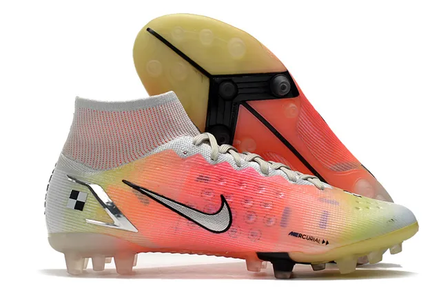 Nike Zapatillas de fútbol azul naranja de corte alto cuello de calcetín overlay de gráfico de llama dinámica para terreno firme 7