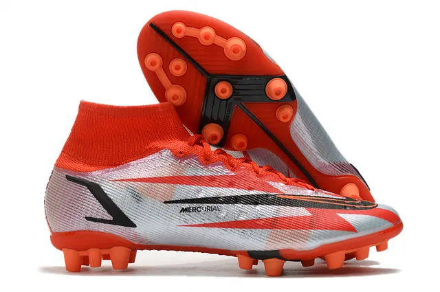 Nike Zapatillas de fútbol azul naranja de corte alto cuello de calcetín overlay de gráfico de llama dinámica para terreno firme 9