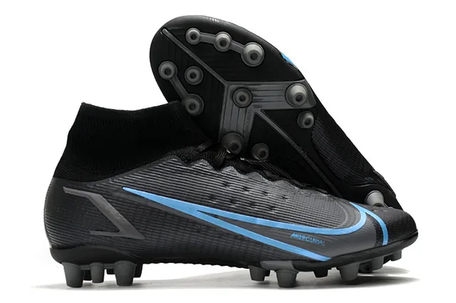 Nike Zapatillas de fútbol azul naranja de corte alto cuello de calcetín overlay de gráfico de llama dinámica para terreno firme 11