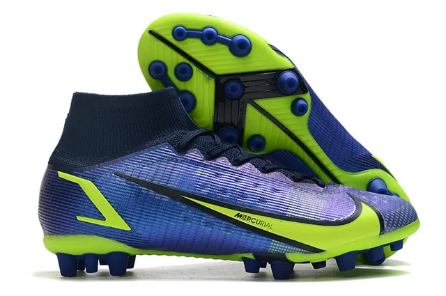 Nike Zapatillas de fútbol azul naranja de corte alto cuello de calcetín overlay de gráfico de llama dinámica para terreno firme 12