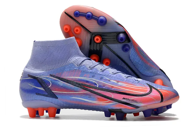 Nike Zapatillas de fútbol azul naranja de corte alto cuello de calcetín overlay de gráfico de llama dinámica para terreno firme 13