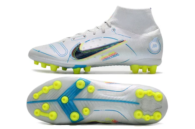 Nike Zapatillas de fútbol azul naranja de corte alto cuello de calcetín overlay de gráfico de llama dinámica para terreno firme 17