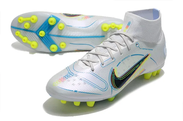 Nike Zapatillas de fútbol azul naranja de corte alto cuello de calcetín overlay de gráfico de llama dinámica para terreno firme 21