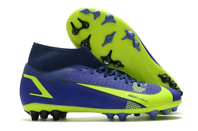 Nike Chuteiras de futebol azul e laranja com corte alto, collar sock-fit, texturizado em grade, upper sintético, para terreno firme 10