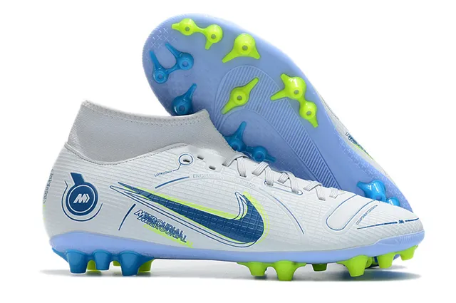 Nike Chuteiras de futebol azul e laranja com corte alto, collar sock-fit, texturizado em grade, upper sintético, para terreno firme 13