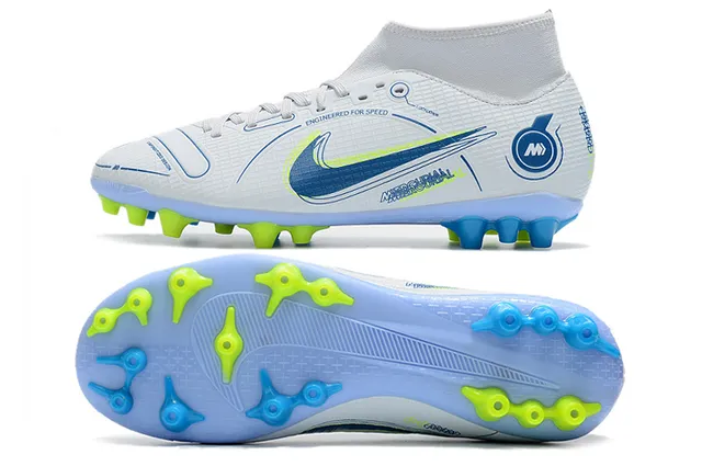 Nike Chuteiras de futebol azul e laranja com corte alto, collar sock-fit, texturizado em grade, upper sintético, para terreno firme 14