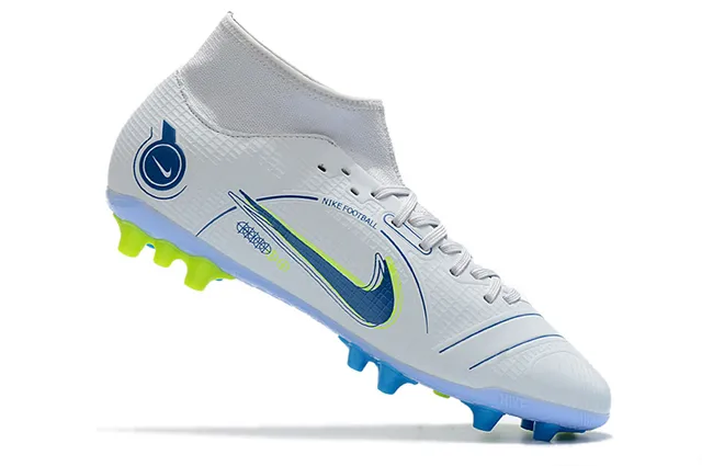 Nike Chuteiras de futebol azul e laranja com corte alto, collar sock-fit, texturizado em grade, upper sintético, para terreno firme 15