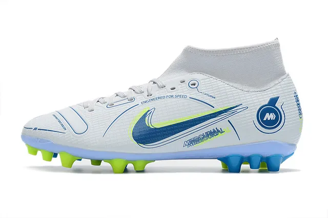 Nike Chuteiras de futebol azul e laranja com corte alto, collar sock-fit, texturizado em grade, upper sintético, para terreno firme 17