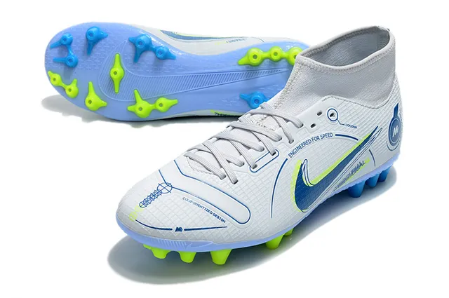Nike Chuteiras de futebol azul e laranja com corte alto, collar sock-fit, texturizado em grade, upper sintético, para terreno firme 18