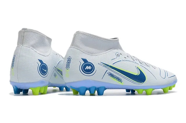 Nike Chuteiras de futebol azul e laranja com corte alto, collar sock-fit, texturizado em grade, upper sintético, para terreno firme 19