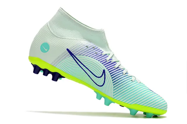 Nike Chuteiras de futebol azul e laranja com corte alto, collar sock-fit, texturizado em grade, upper sintético, para terreno firme 21
